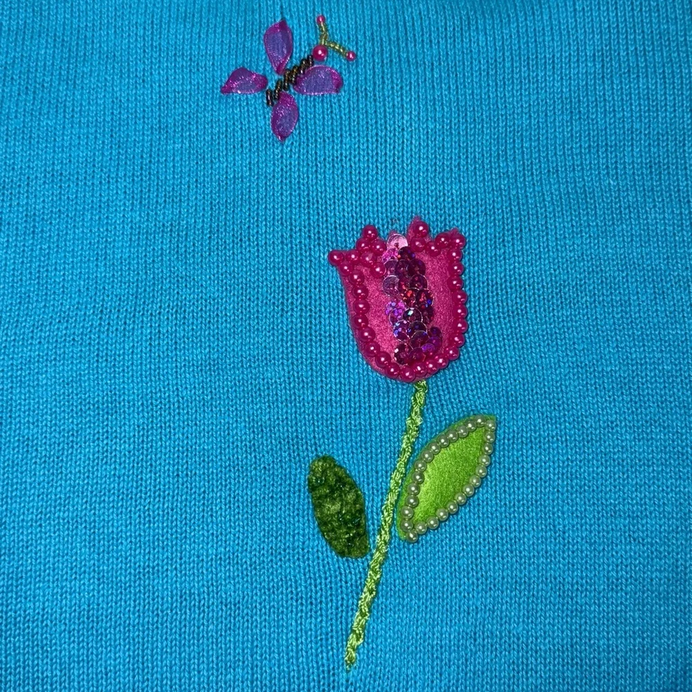 Vintage The Quaker Factory Blue Hand Embroidered Beaded Flowers Bunny Cardigan L - Picture 11 of 16